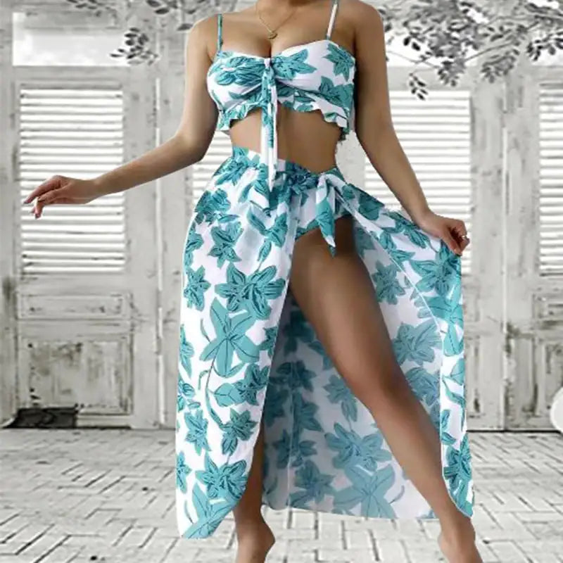 Floral Three-Piece Bikini Beach Dress Set