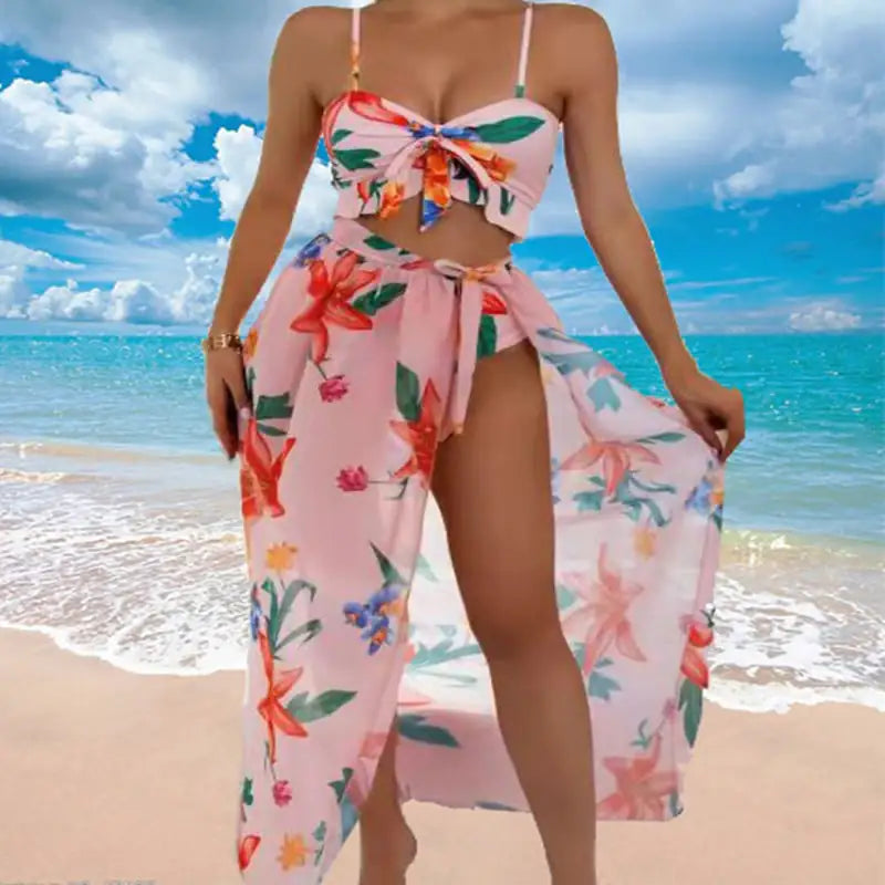 Floral Three-Piece Bikini Beach Dress Set