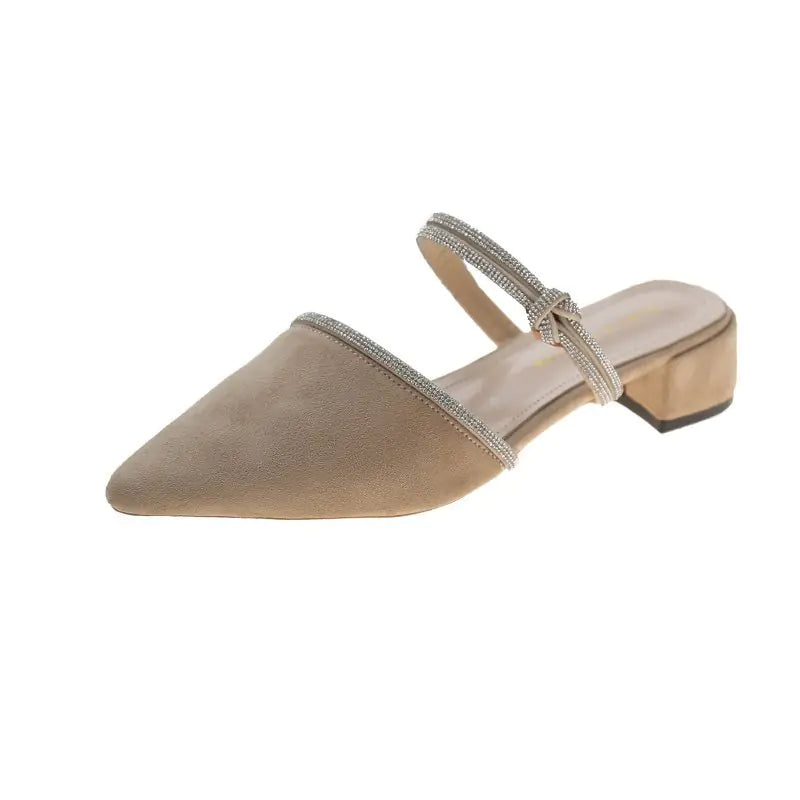 Rhinestone Thick Heel Pointed Toe Mid-Heel Sandals