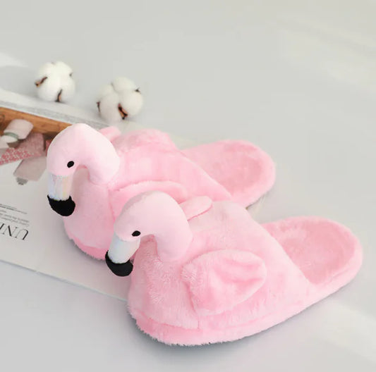 Flamingo Cotton Slippers for Women, Plush Warm Footwear