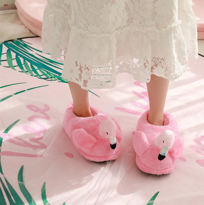 Flamingo Cotton Slippers for Women, Plush Warm Footwear