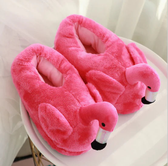 Flamingo Cotton Slippers for Women, Plush Warm Footwear