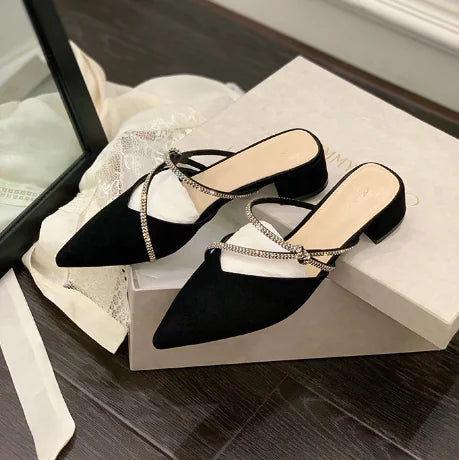 Rhinestone Thick Heel Pointed Toe Mid-Heel Sandals