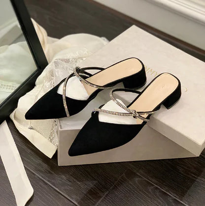 Rhinestone Thick Heel Pointed Toe Mid-Heel Sandals