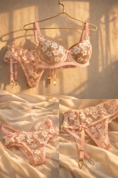 Kaei&Shi Bridal LingerieFloral Lace Ruffle Garter Lingerie Set 3