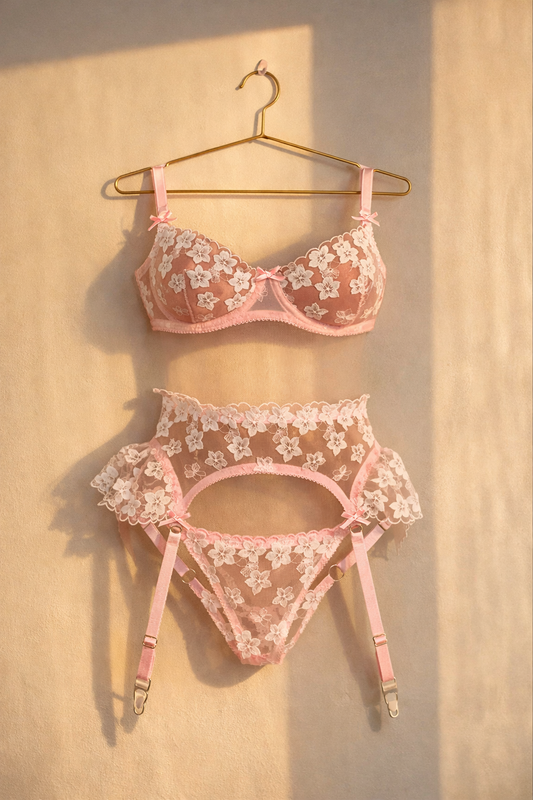 Kaei&Shi Bridal LingerieFloral Lace Ruffle Garter Lingerie Set 3