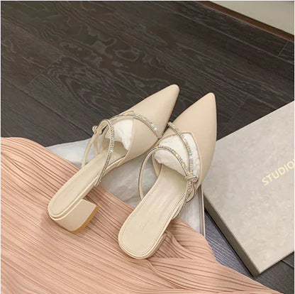 Rhinestone Thick Heel Pointed Toe Mid-Heel Sandals